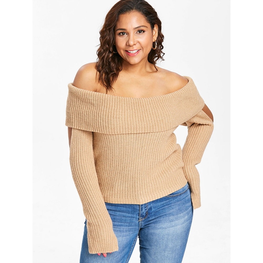 Plus Size Cutout Off Shoulder Sweater - Cornsilk - Picture 2 of 8